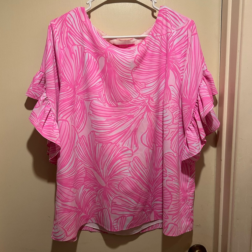 Lilly Pulitzer Pink Patterned Blouse with Ruffle Sleeves - Picture 3 of 10